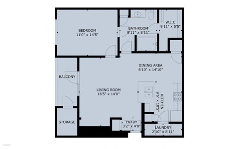 A floor plan of a house with a living room, dining area, kitchen, bathroom, bedroom, and storage.